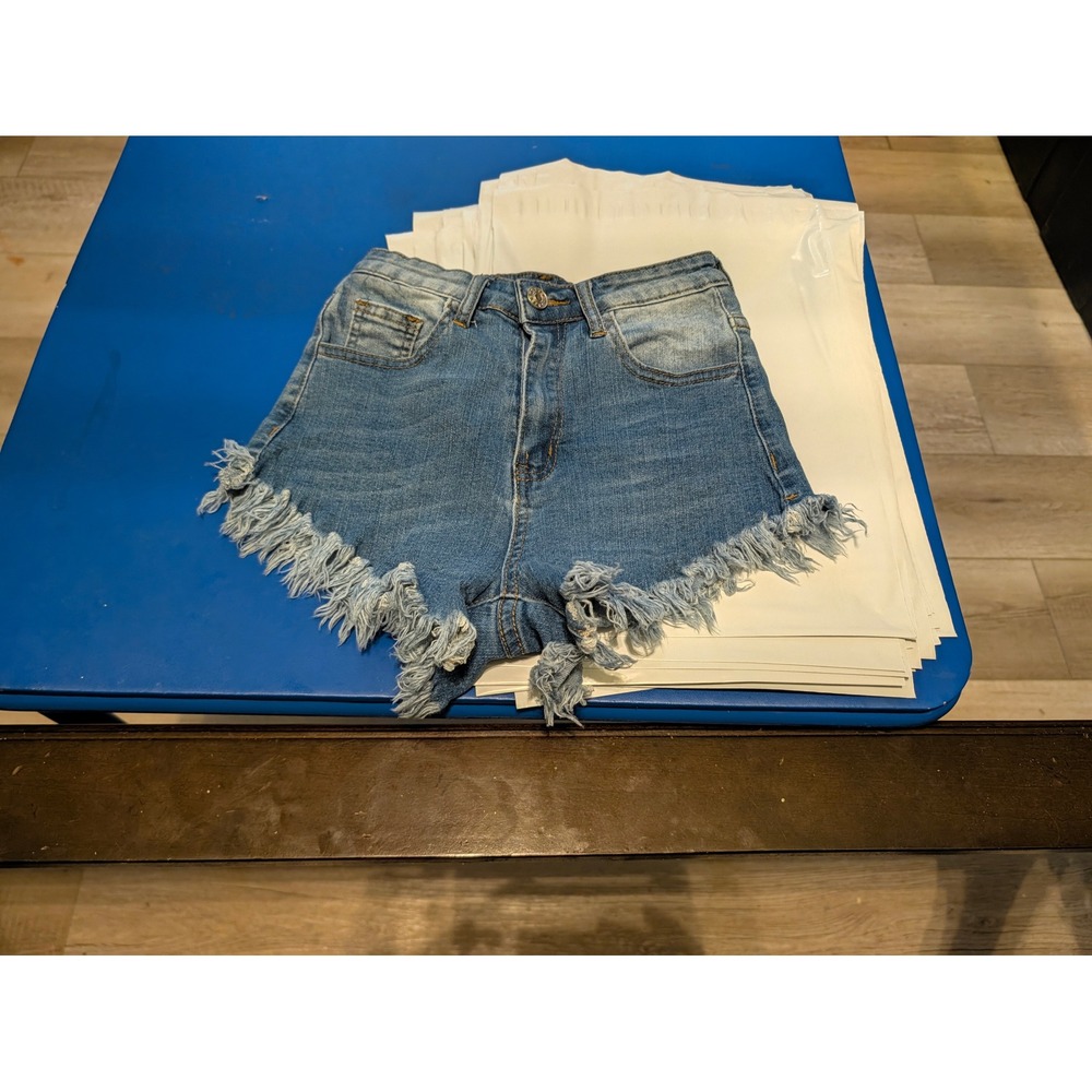 SHEIN Womens XS Blue Denim High Waisted Frayed Raw Hem Cut Off Shorts Wash